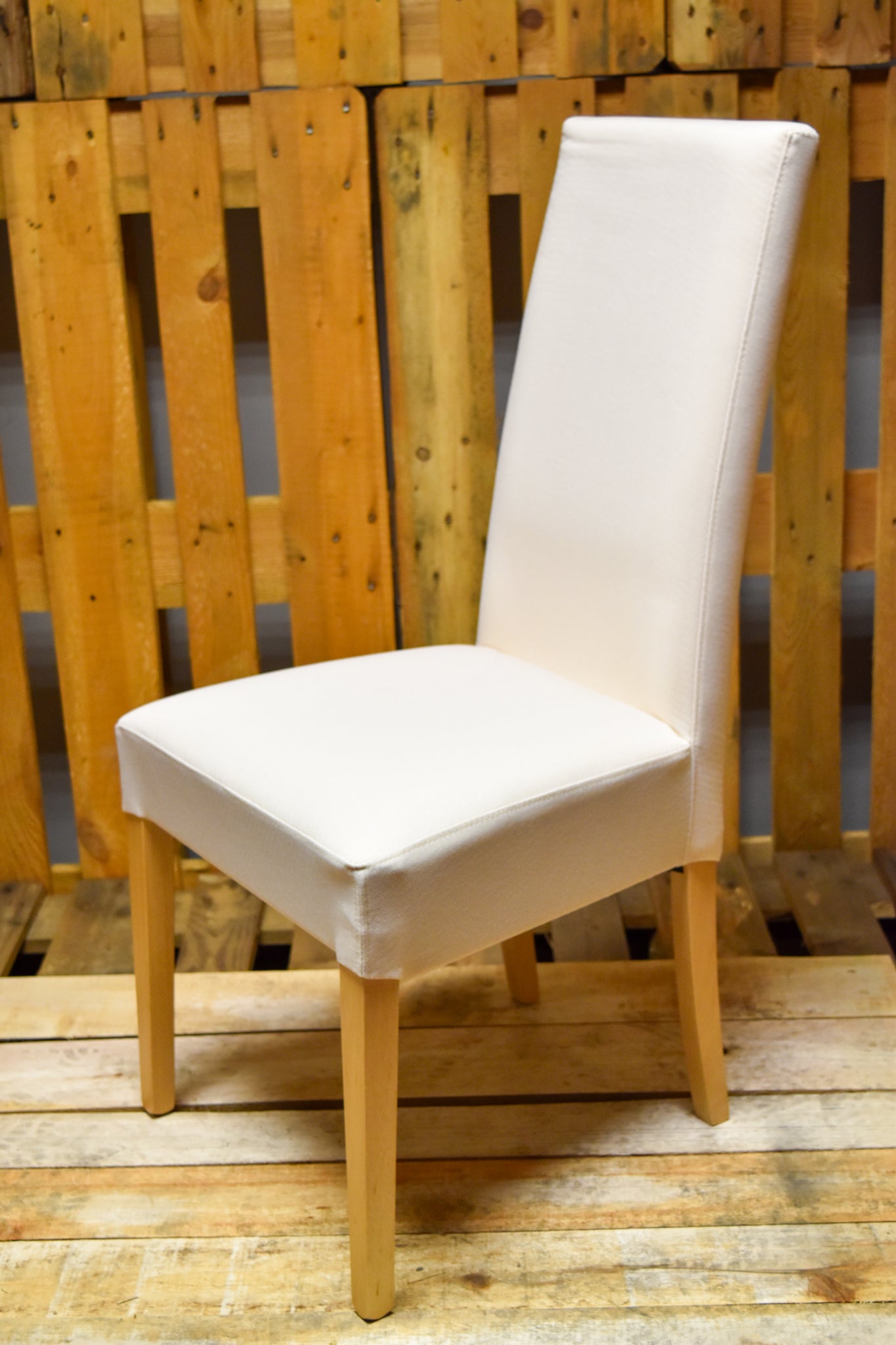 Stock second choice chair model 36 upholstered ivory fabric legs natural color