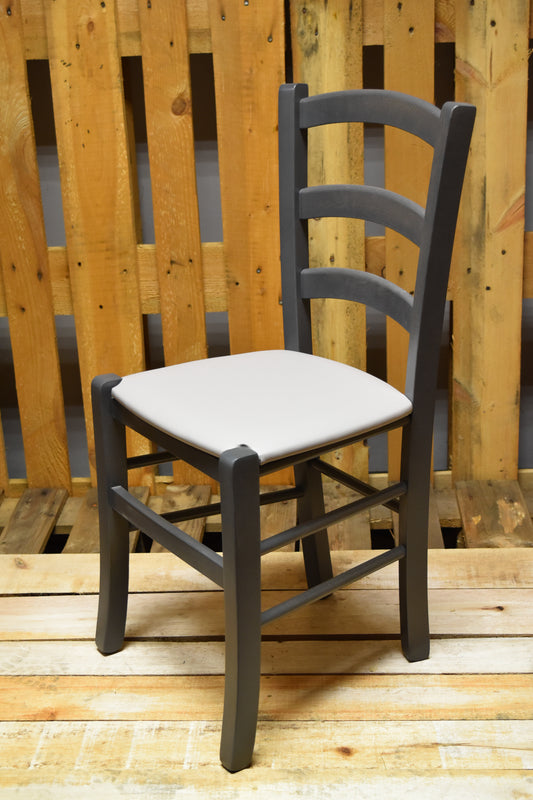 Stock chairs model 14 in gray aniline color with light gray padded seat